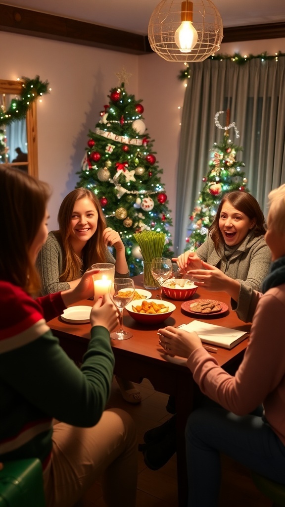 Friends enjoying a Christmas party, playing games and celebrating together.